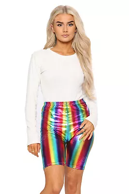 New Unisex Shiny Metallic Rainbow Cycling Shorts Half Length Striped Leggings UK • £6.49