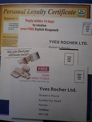 COLLECTABLE VINTAGE Freepost Envelopes & Loyalty Certificate  YVES ROCHER  2004 • £4.60