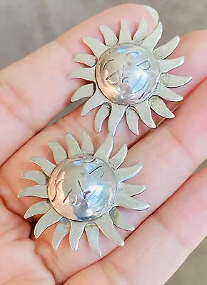 Vintage Taxco Mexico Sterling Silver SunFace Sun Face Earrings Heavy • $49.99