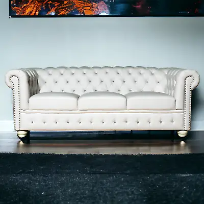 Brand New White Chesterfield 3 Seater Sofa Matt PU Leather W/ Crystal Diamanté • £745