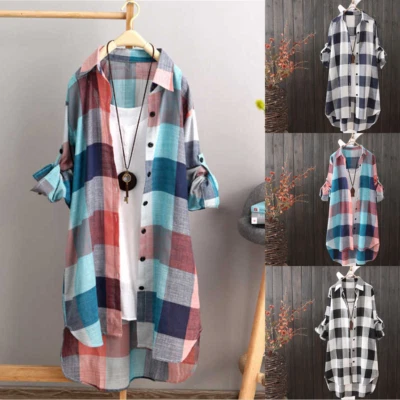 £10.95 • Buy Women's Shirt Plaid Dress Casual Long Sleeves Check Shirt Loose Dress Blouse Top