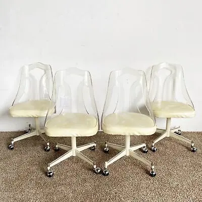 Mid Century Modern Lucite Back Cream Cushion And Metal Dining Chairs - 4 Chairs • $795