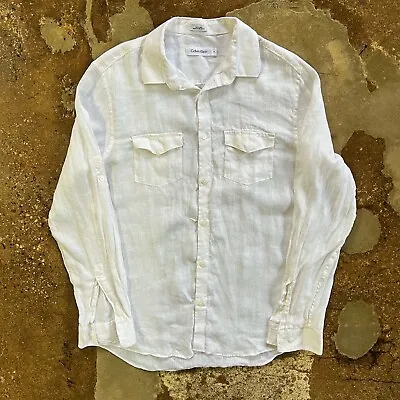 Vintage Calvin Klein Linen Button Up Shirt Mens Medium Collared Dress Shirt • $19.99
