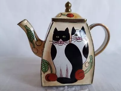 Vtg Kelvin Chen Two Friend Cats Miniature Enamel Copper Teapot • $25