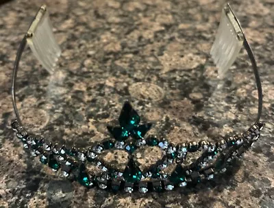 VINTAGE TIARA CROWN HEAD PIECE Green Rhinestone Crystal Regal  Headband • $8.80