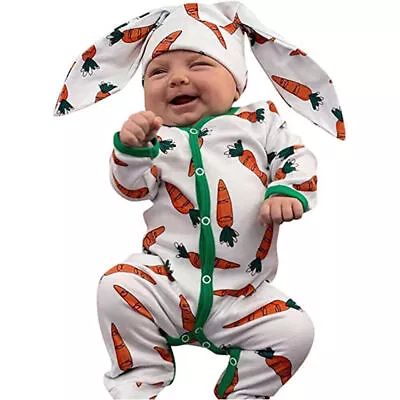 Baby Boy Girl Bunny Outfit Easter Infant Costume Romper Hat Carrot Print New • £12.42