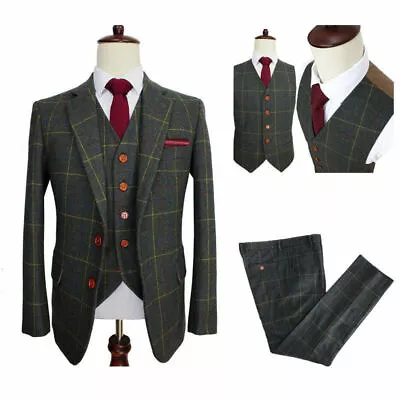 Mens Army Green Plaid Tweed Vintage Check Retro Prom Groom Tuxedo Wedding Suit • $112