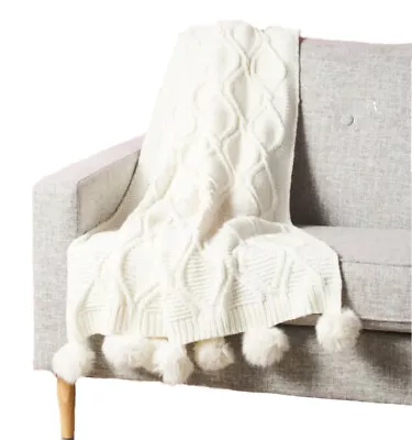 Nicole Miller Artelier Cable Knit Chenille Throw Blanket Ivory Faux Fur Pom Poms • £86.79