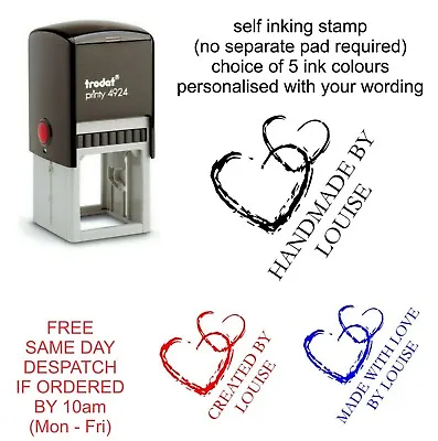 Personalised Handmade By Rubber Stamp Self Inking With Your Name & Hearts Image • £15.95