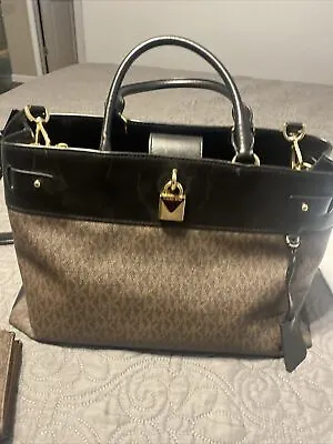 Michael Kors Hamilton Satchel Handbag Crossbody Bag + Card Case Wallet Brown/blk • $50