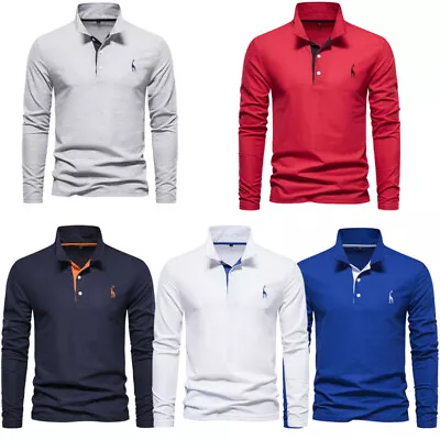 Mens Polo Shirt Stretchable Slim Fit Top Long Sleeve Contrast Colours • £11.99