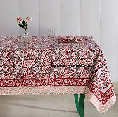 Lotus Block Printed Tablecloth Cotton Rectangle Dining Cover 4681012 Seater • $37.39