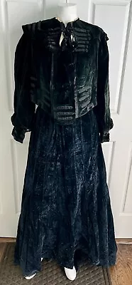 Antique Victorian Two Piece Black Velvet Mourning Dress Jacket Skirt Embroidery • $300