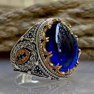 Solid Sterling Silver Turkish Handmade Jewelry Zircon Blue Men's Ring All Size • $48