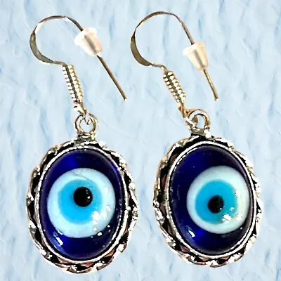 Benevolent Evil Eye Fashion* Earrings Midnight Blue Glass Sterling Silver Plated • $20