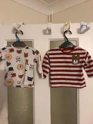 Set Of 2 F+F 3-6 Months Baby Boys Grey/Red Stripe Long Sleeve T-Shirt Top No 18 • £1