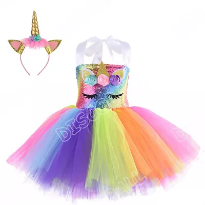 Girl Sleeveless Unicorn Print Tutu Dress Baby Kids Birthday Party Tulle Princess • £14.76