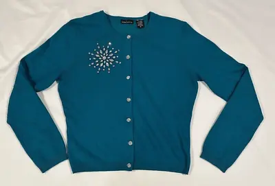 Moda International M Silk Cashmere Blend Cardigan Teal Rhinestone Star Embellish • $21.95