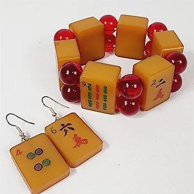 Vintage Mahjong Tile Bakelite Bracelet & Earrings Set Red Bamboo Characters Dots • $79.95