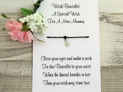 New Mummy Wish Bracelet Baby Shower Gift Card Silver Star Charm Mum To Be Card • £3.45