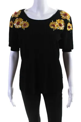 Escada Womens Black Floral Applique Crew Neck Short Sleeve Blouse Top Size L • $467.99