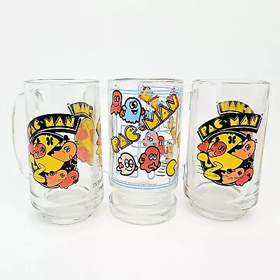 Vintage Pacman Glass Stein Mug Set X3 Ghost Chase Arcade Maze 1980 Bally Midway • $55