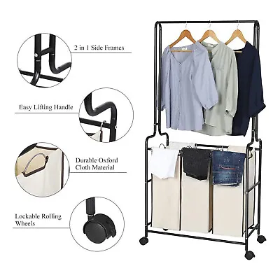 $49.99 • Buy Rolling Heavy Duty Laundry Hamper Sorter Cart Organizer W/ 3 Bags & Hanging Bar