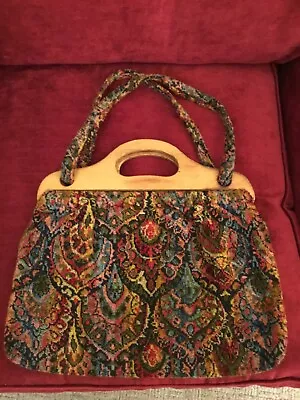 Vintage Italian Tapestry Carpet Bag With Wooden Handles • £50