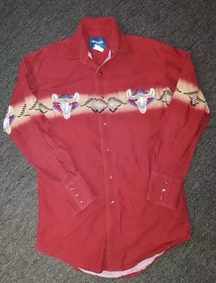 Vintage Wrangler Shirt Western Cowboy  Skull Longhorn Bull Pearl Snap Small • $70