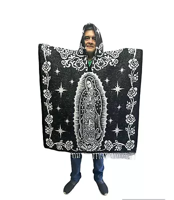 Mexican Poncho With Hood  Virgen De Guadalupe  Blanket  One Size  Black • $45