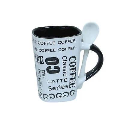 250ml Latte Design White Ceramic Mug Spoon On Handle Coffee Teacup • £5.25