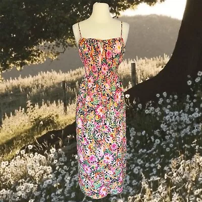 H&M Floral Maxi Dress Large Multicolor Smocked Cotton Spaghetti Strap Spring • $25