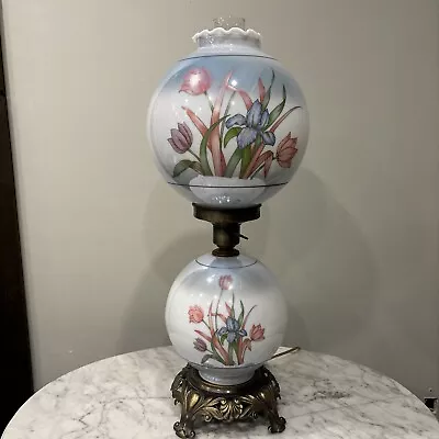 Vintage L & L WMC Baby Blue Floral Parlor Hurricane Table Lamp 25”Tall 10”Diam. • $84.99