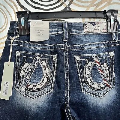 NEW Women’s Miss Me Jeans Mid-Rise Boot Cut Size 30x34 Slim Fit Aztec Horse Shoe • $79.85