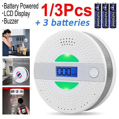 1/2/3x Smoke Alarm And Carbon Monoxide Detector Battery Powered With LCD Display • £14.99