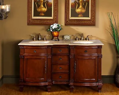 60  Bathroom Vanity Cabinet Travertine Stone Top Lavatory Double Sink Bowl 722T • $1664