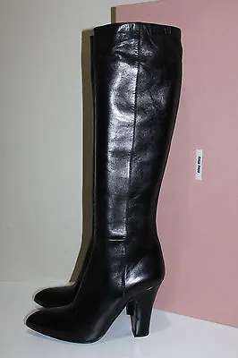 New Sz 9.5 / 39.5 Miu Miu / Prada Black Leather Tall Boot Pointed Toe Heel Shoes • $485