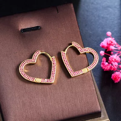 Romantic Love Heart 18k Gold Color Red CZ Hoop Earring Women Micro Paved Jewelry • $7.82