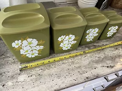 Vintage Mid Century Mod Set Of 4 Avocado Green Plastic Canisters • $19