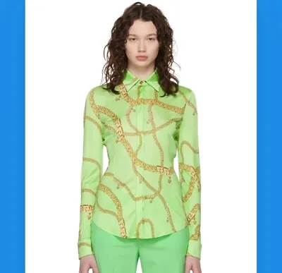 VERSACE Neon Green Viscose Button-up Shirt With Signature Gold Chain Print - 42 • $400