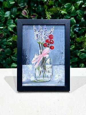 Flower Vase Original Oil Painting-FRAMED Floral Home Decor Berries In Glass Art • £69.99