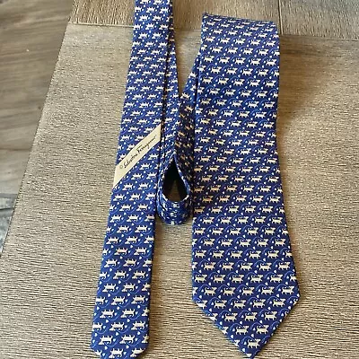 New Salvatore Ferragamo Mens Tie Blue 100% Silk Puppy Pattern • $80