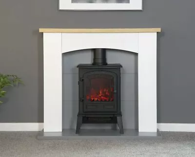 Oakmead Electric Fire Stove Oak White Mantle Grey Fireplace Logs Surround  • £344.95