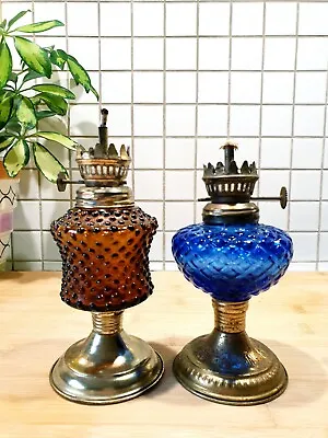 Vintage Oil Lamp Lamps Pair Brass Amber Cobalt Blue Glass Ornate • £15