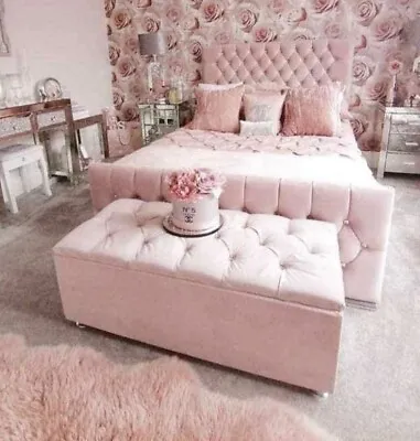 Blush Pink Plush Velvet Chesterfield Monaco Diamante Sleigh Bed + Mattress • £549.99