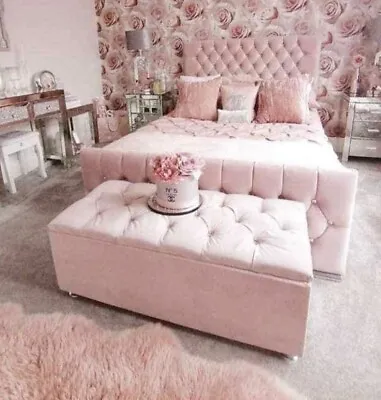 £249.99 • Buy Blush Pink Plush Velvet Chesterfield Monaco Sleigh Bed Frame With Diamantes
