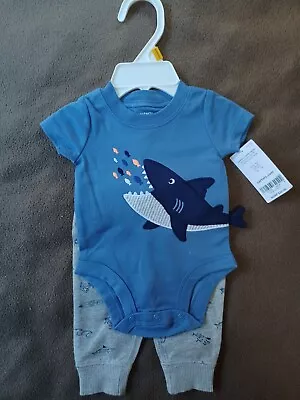 NEW Carter's Infant Blue Sharks Fish  Waves Outfit Bodysuit&Jogger Pant NB 6-9Lb • $10.95