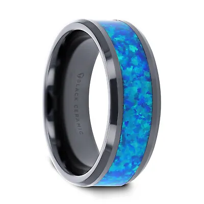 Thorsten Rings Quantum Black Ceramic Ring Blue Green Opal Inlay	- 4mm - 10mm • $209.99