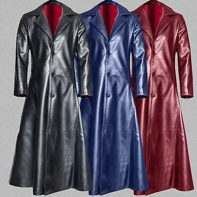 Men's Gothic Style Faux Leather Jacket Steampunk Loose Fit Mid Long Trench Coat • $61.19