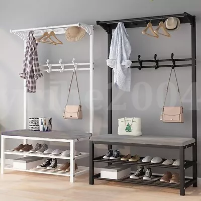 $118.99 • Buy Sturdy Shoe Bench Hall Tree Entryway Storage Shelf Coat Rack Stand With 4 Hooks